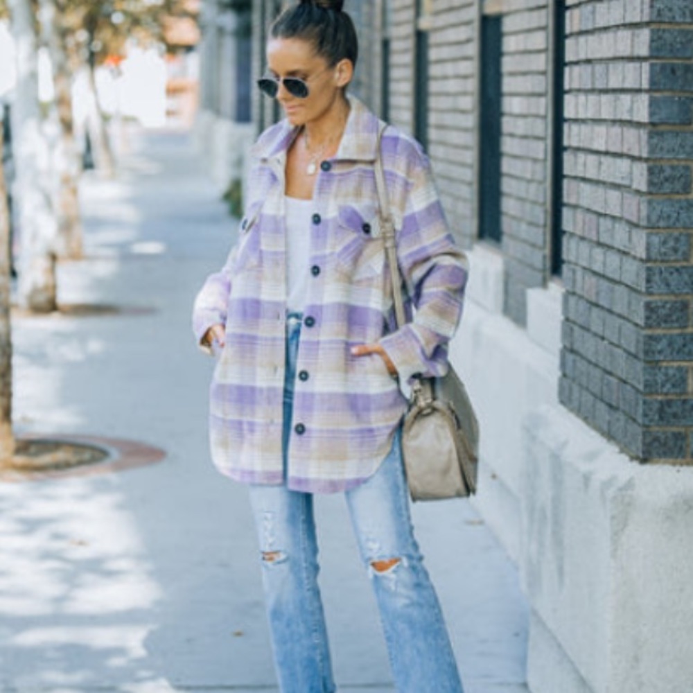 Emory Park Faustina Pocketed Plaid Lavender Shacket